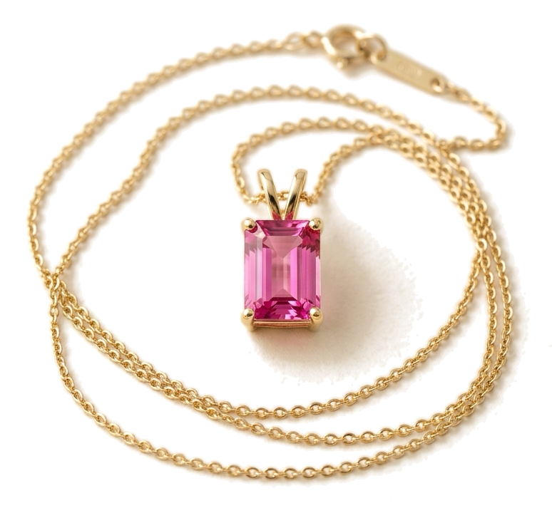 Tourmaline Pendant — emerald-cut pink tourmaline in gold