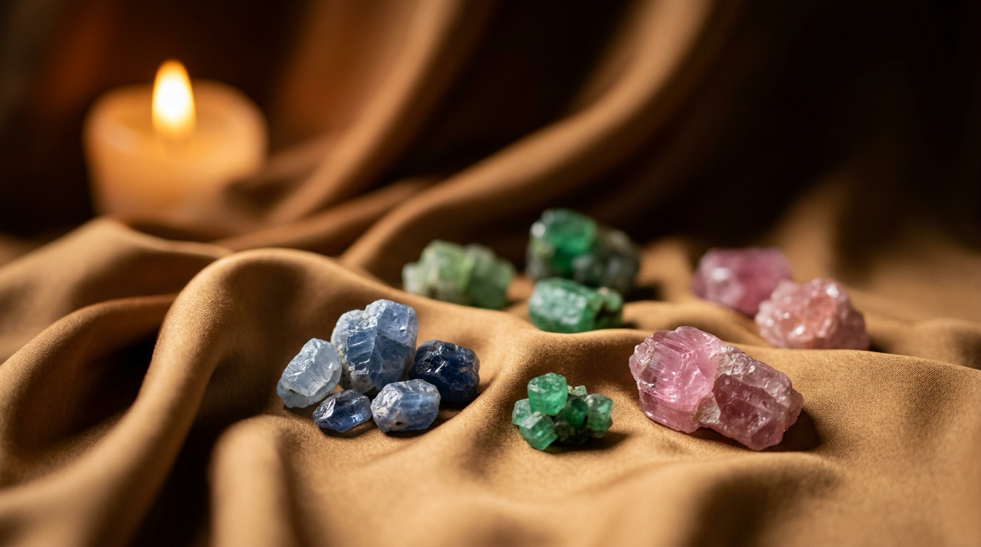 Rough gemstones on soft fabric